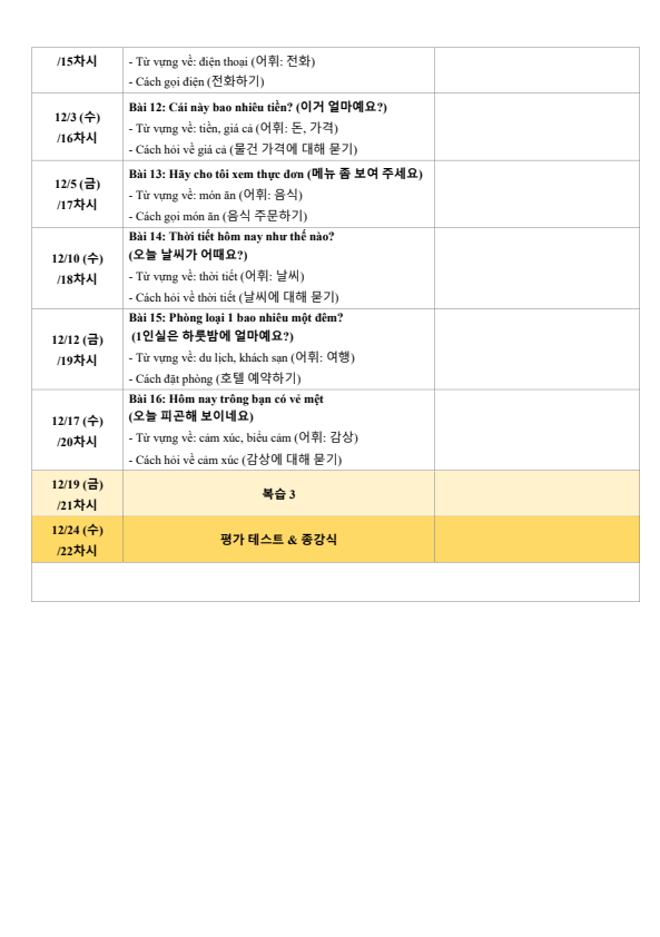 하이퐁 베트남어 강습 커리큘럼 이미지