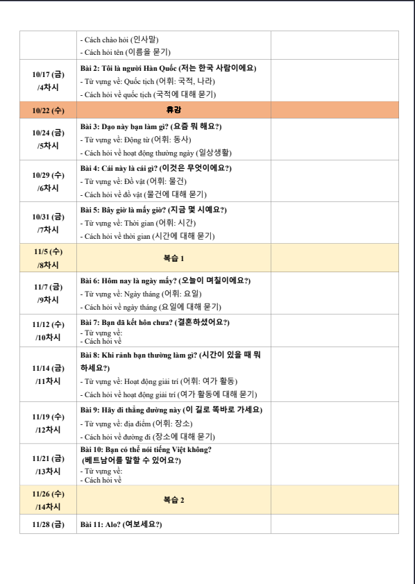 하이퐁 베트남어 강습 커리큘럼 이미지